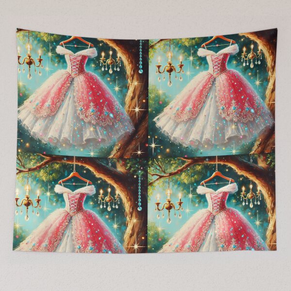 Item preview, Sparkling Fairytale dress pink-white on hanger trees chandelier oil painting stye designed and sold by EmeraldeaArt.