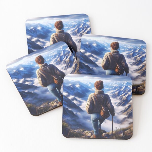 Item preview, Modern Hiker girl wearing blue jeans and pullover and standing on top of mountains spectacular view digitalart designed and sold by EmeraldeaArt.