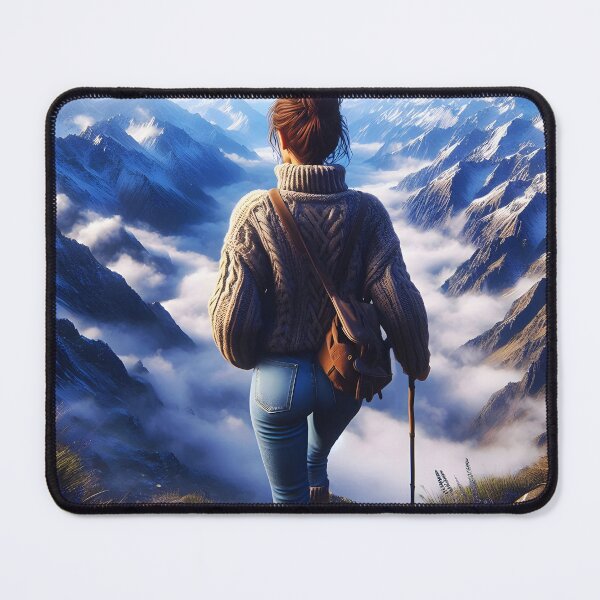 Item preview, Modern Hiker girl wearing blue jeans and pullover and standing on top of mountains spectacular view digitalart designed and sold by EmeraldeaArt.