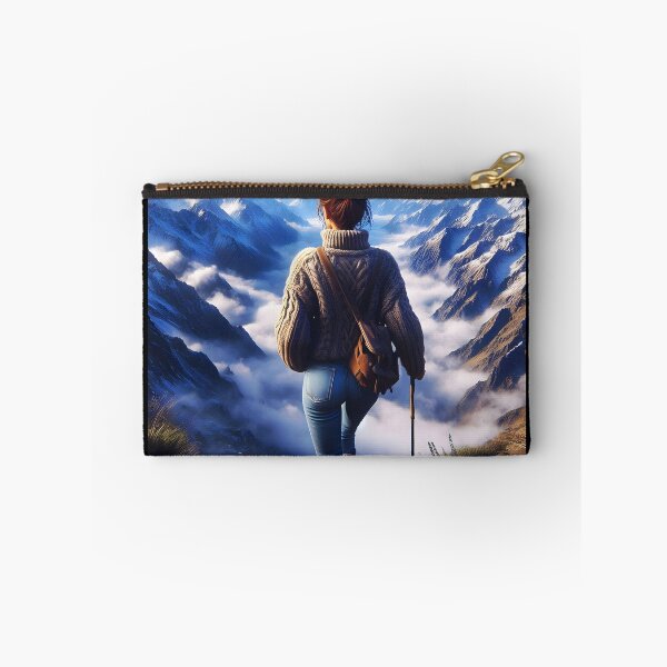Item preview, Modern Hiker girl wearing blue jeans and pullover and standing on top of mountains spectacular view digitalart designed and sold by EmeraldeaArt.