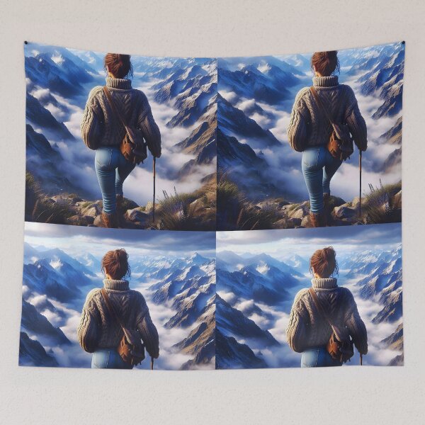 Item preview, Modern Hiker girl wearing blue jeans and pullover and standing on top of mountains spectacular view digitalart designed and sold by EmeraldeaArt.