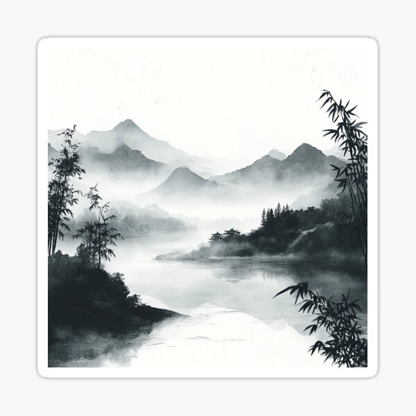 Vista previa del artículo con la obra «Una pintura con tinta al estilo Sumi-e de una escena asiática tradicional.», diseñado y vendido por FloridaFurworks.
