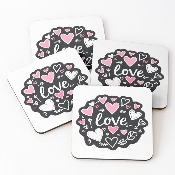 Item preview, Doodle Love, Pink and White Hearts on Black Background, Scalloped-Edge Circle, Cursive Font designed and sold by KreaDesignOne.