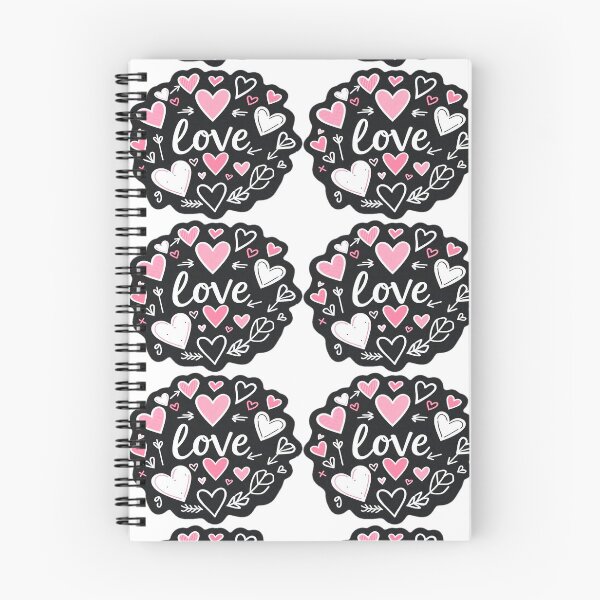 Item preview, Doodle Love, Pink and White Hearts on Black Background, Scalloped-Edge Circle, Cursive Font designed and sold by KreaDesignOne.