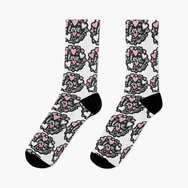 Item preview, Doodle Love, Pink and White Hearts on Black Background, Scalloped-Edge Circle, Cursive Font designed and sold by KreaDesignOne.