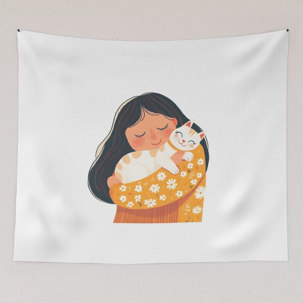 Item preview, Illustration of happy woman hugging her cat, vibrant colors, joyful mood, cute and colorful style designed and sold by wonderisland.