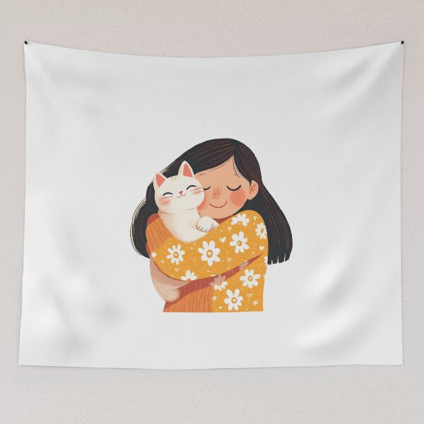 Item preview, Illustration of happy woman hugging her cat, vibrant colors, joyful mood, cute and colorful style designed and sold by wonderisland.
