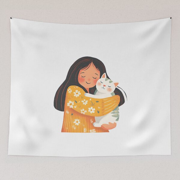 Item preview, Illustration of happy woman hugging her cat, vibrant colors, joyful mood, cute and colorful style designed and sold by wonderisland.