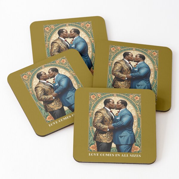 Item preview, Black African American Gay Plus Size Male Couple LGBTQ Pride Valentines Love Comes in All Sizes Couple Kissing Art Nouveau Art Deco Nature Floral Retro designed and sold by SteamParliament.