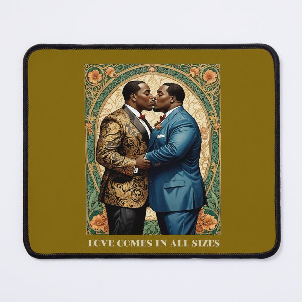 Item preview, Black African American Gay Plus Size Male Couple LGBTQ Pride Valentines Love Comes in All Sizes Couple Kissing Art Nouveau Art Deco Nature Floral Retro designed and sold by SteamParliament.
