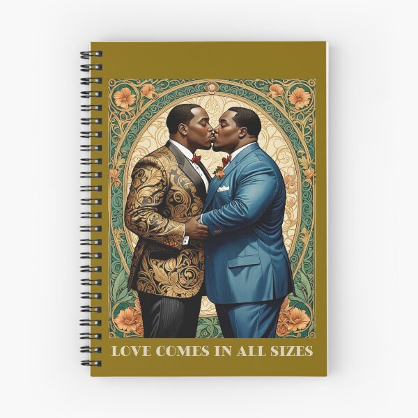 Item preview, Black African American Gay Plus Size Male Couple LGBTQ Pride Valentines Love Comes in All Sizes Couple Kissing Art Nouveau Art Deco Nature Floral Retro designed and sold by SteamParliament.