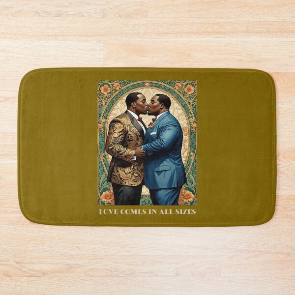 Item preview, Black African American Gay Plus Size Male Couple LGBTQ Pride Valentines Love Comes in All Sizes Couple Kissing Art Nouveau Art Deco Nature Floral Retro designed and sold by SteamParliament.