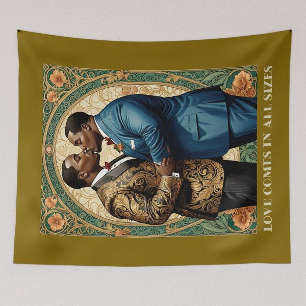 Item preview, Black African American Gay Plus Size Male Couple LGBTQ Pride Valentines Love Comes in All Sizes Couple Kissing Art Nouveau Art Deco Nature Floral Retro designed and sold by SteamParliament.