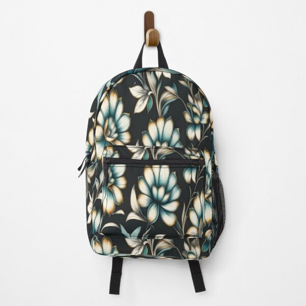 Item preview, Gilded Turquoise: Gold-Outlined Turquoise Floral Pattern on a Black Background designed and sold by Juliette Ozkalfayan.