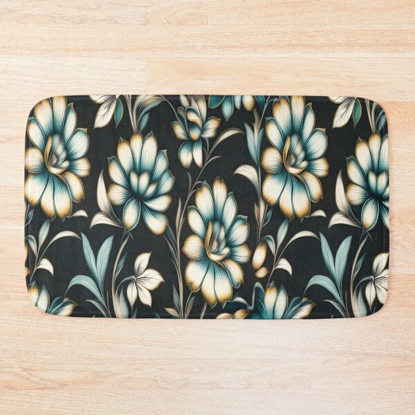 Item preview, Gilded Turquoise: Gold-Outlined Turquoise Floral Pattern on a Black Background designed and sold by Juliette Ozkalfayan.