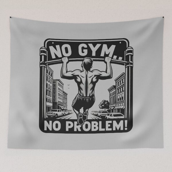 Item preview, NO GYM NO PROBLEM Determined Man Pulling Up On Street Sign designed and sold by SplashTastic.