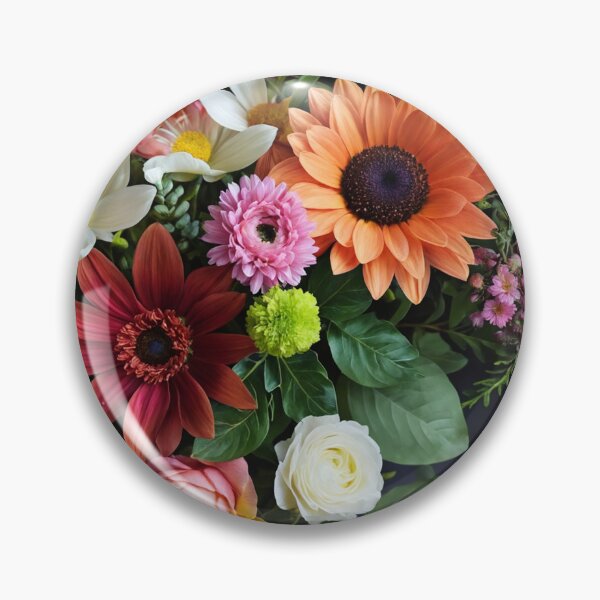 Item preview, Bright and colorful floral arrangement with various blooms and foliage on a dark background designed and sold by Giuseppe Cammino.