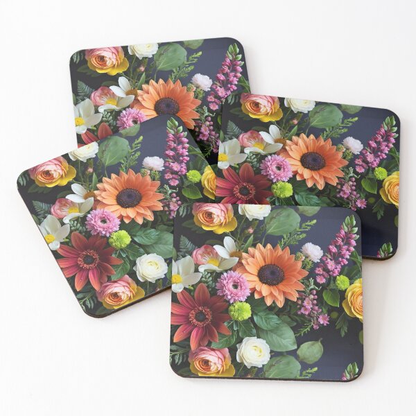 Item preview, Bright and colorful floral arrangement with various blooms and foliage on a dark background designed and sold by Giuseppe Cammino.