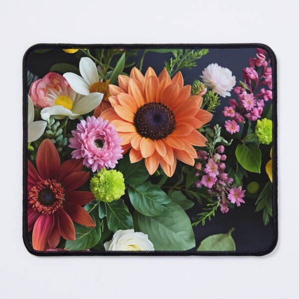 Item preview, Bright and colorful floral arrangement with various blooms and foliage on a dark background designed and sold by Giuseppe Cammino.