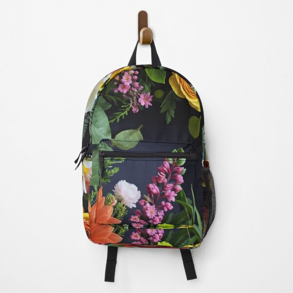 Item preview, Bright and colorful floral arrangement with various blooms and foliage on a dark background designed and sold by Giuseppe Cammino.