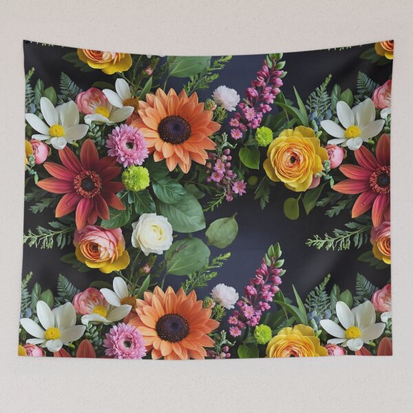 Item preview, Bright and colorful floral arrangement with various blooms and foliage on a dark background designed and sold by Giuseppe Cammino.