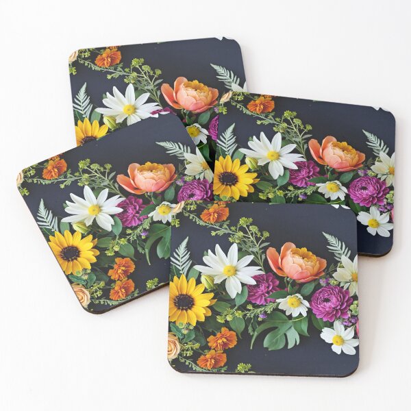Item preview, Bright and colorful floral arrangement with various blooms and foliage on a dark background designed and sold by Giuseppe Cammino.