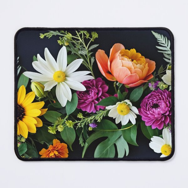Item preview, Bright and colorful floral arrangement with various blooms and foliage on a dark background designed and sold by Giuseppe Cammino.