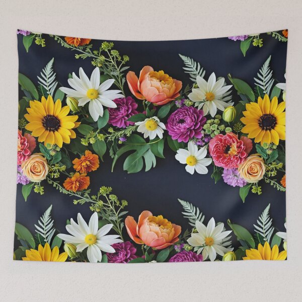 Item preview, Bright and colorful floral arrangement with various blooms and foliage on a dark background designed and sold by Giuseppe Cammino.
