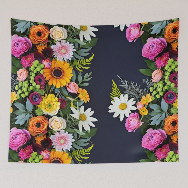Item preview, Bright and colorful floral arrangement with various blooms and foliage on a dark background designed and sold by Giuseppe Cammino.