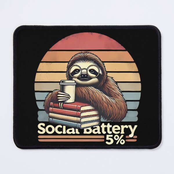 Item preview, Social Battery 5% – sloth, books, coffee, retro style designed and sold by KarmeLoveArt.