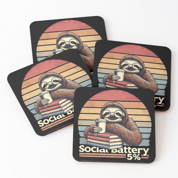 Item preview, Social Battery 5% – sloth, books, coffee, retro style designed and sold by KarmeLoveArt.