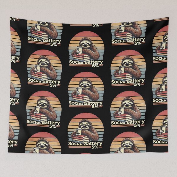 Item preview, Social Battery 5% – sloth, books, coffee, retro style designed and sold by KarmeLoveArt.