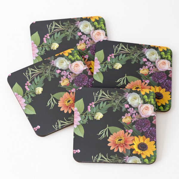 Item preview, Bright and colorful floral arrangement with various blooms and foliage on a dark background designed and sold by Giuseppe Cammino.