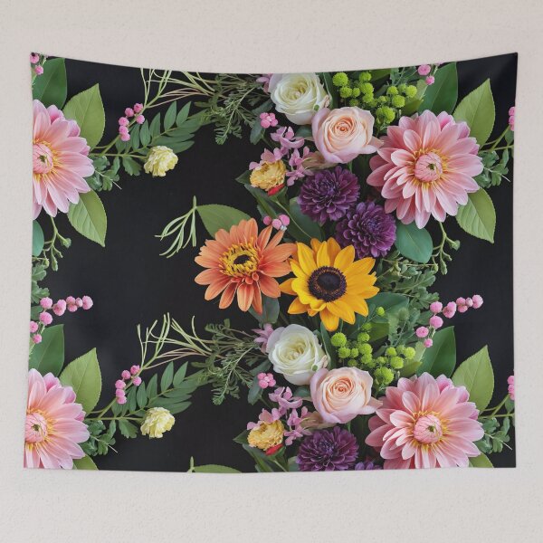 Item preview, Bright and colorful floral arrangement with various blooms and foliage on a dark background designed and sold by Giuseppe Cammino.