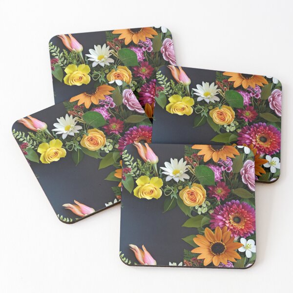 Item preview, Bright and colorful floral arrangement with various blooms and foliage on a dark background designed and sold by Giuseppe Cammino.