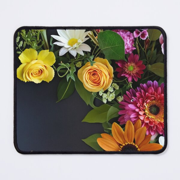 Item preview, Bright and colorful floral arrangement with various blooms and foliage on a dark background designed and sold by Giuseppe Cammino.