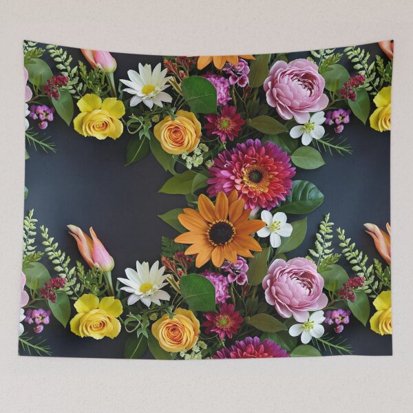 Item preview, Bright and colorful floral arrangement with various blooms and foliage on a dark background designed and sold by Giuseppe Cammino.