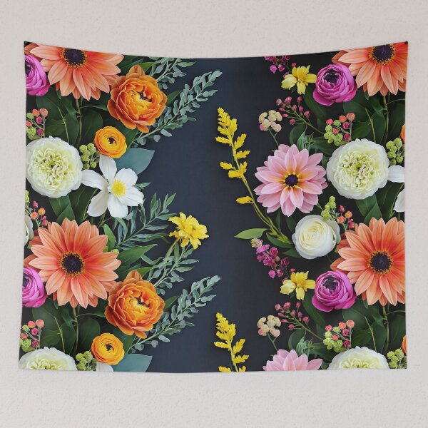 Item preview, Bright and colorful floral arrangement with various blooms and foliage on a dark background designed and sold by Giuseppe Cammino.