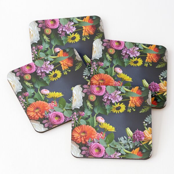Item preview, Bright and colorful floral arrangement with various blooms and foliage on a dark background designed and sold by Giuseppe Cammino.