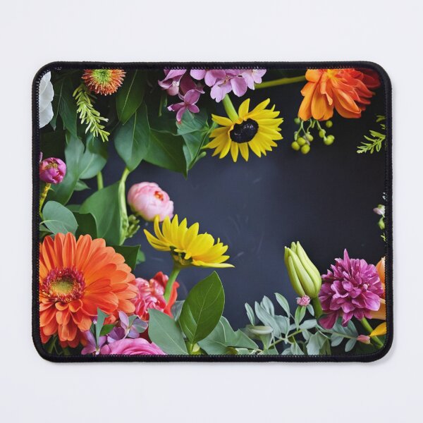 Item preview, Bright and colorful floral arrangement with various blooms and foliage on a dark background designed and sold by Giuseppe Cammino.