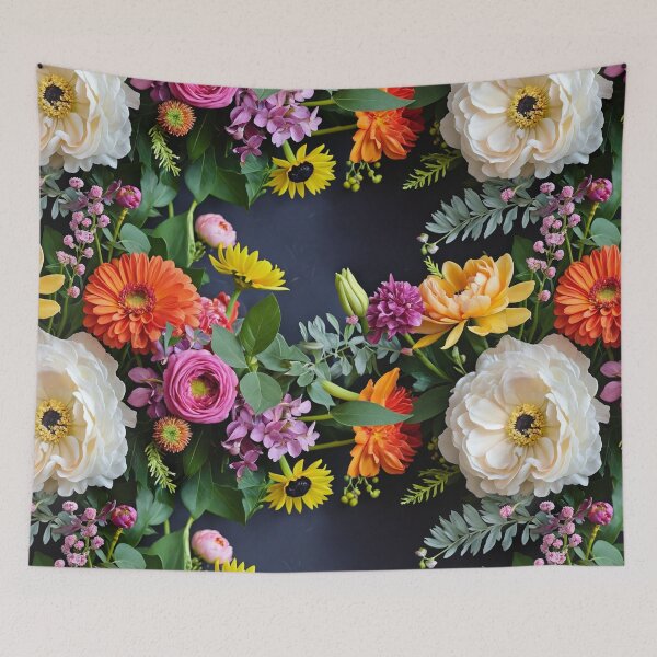 Item preview, Bright and colorful floral arrangement with various blooms and foliage on a dark background designed and sold by Giuseppe Cammino.