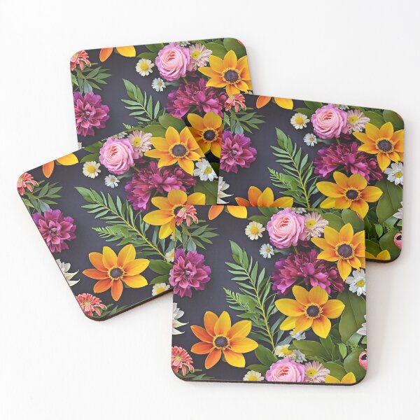 Item preview, Bright and colorful floral arrangement with various blooms and foliage on a dark background designed and sold by Giuseppe Cammino.