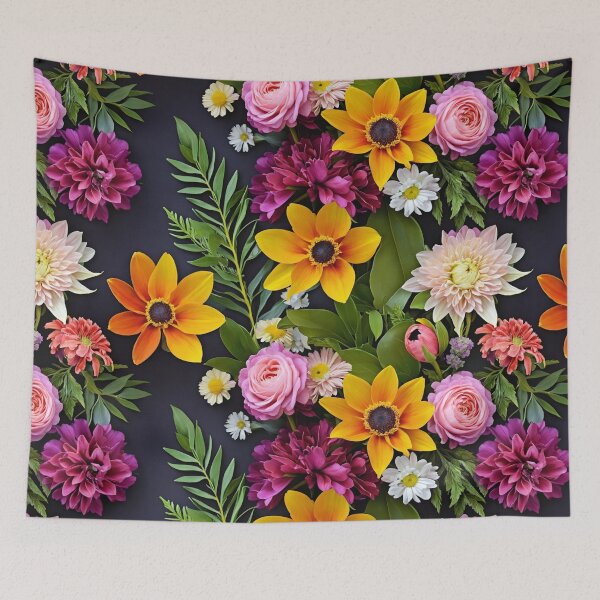 Item preview, Bright and colorful floral arrangement with various blooms and foliage on a dark background designed and sold by Giuseppe Cammino.