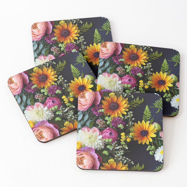 Item preview, Bright and colorful floral arrangement with various blooms and foliage on a dark background designed and sold by Giuseppe Cammino.