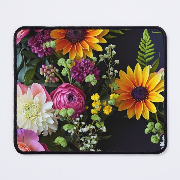 Item preview, Bright and colorful floral arrangement with various blooms and foliage on a dark background designed and sold by Giuseppe Cammino.