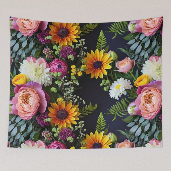 Item preview, Bright and colorful floral arrangement with various blooms and foliage on a dark background designed and sold by Giuseppe Cammino.