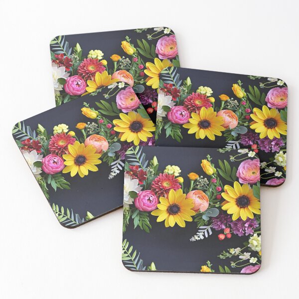 Item preview, Bright and colorful floral arrangement with various blooms and foliage on a dark background designed and sold by Giuseppe Cammino.