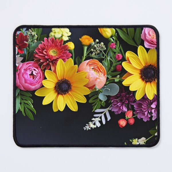 Item preview, Bright and colorful floral arrangement with various blooms and foliage on a dark background designed and sold by Giuseppe Cammino.