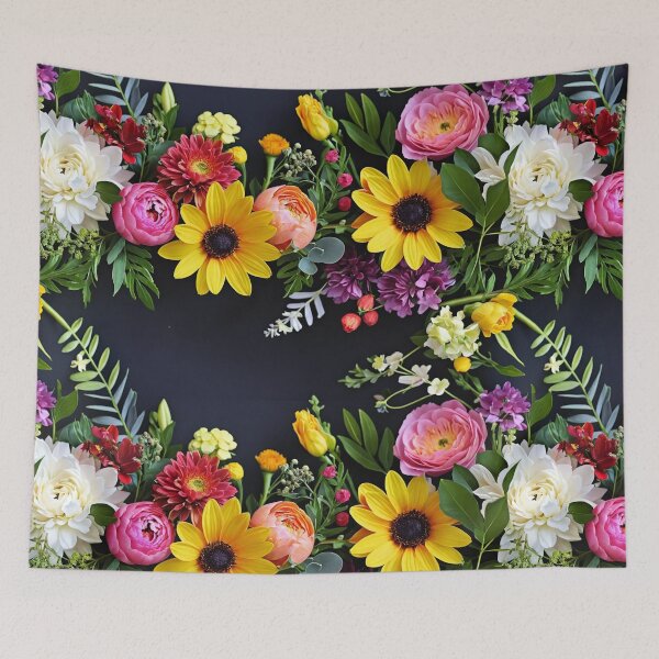 Item preview, Bright and colorful floral arrangement with various blooms and foliage on a dark background designed and sold by Giuseppe Cammino.