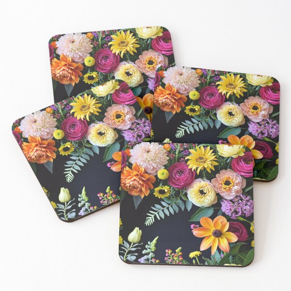 Item preview, Bright and colorful floral arrangement with various blooms and foliage on a dark background designed and sold by Giuseppe Cammino.